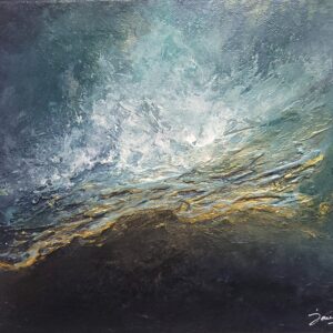 blue and gold abstract art, seascape painting, contemporary art, abstract art, waves crashing against big stone