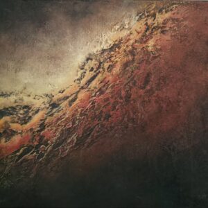 An abstract acrylic painting titled "this is . this is not." A heavy, thick texture cuts diagonally through the canvas, outlined in shimmering gold. A fiery textured abstract painting in black, red, orange and yellow, original acrylic on canvas titled 'This Is. This Is Not.' by Javeriya Art, 2025