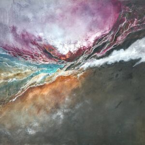 Becoming, an abstract painting where turquoise and black pull apart like two selves mid-separation, marking the moment of letting go of an old self to become someone new
